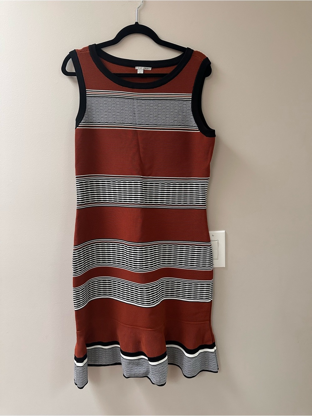 Halogen Sleeveless Rust Striped Knit Casual Dress with Black Trim